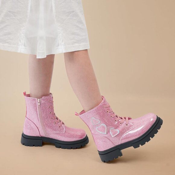 Girl's Pink Fashion Shiny Rubber Combat Kids Slip-on Lightweight Ankle Boots - Picture 7 of 7
